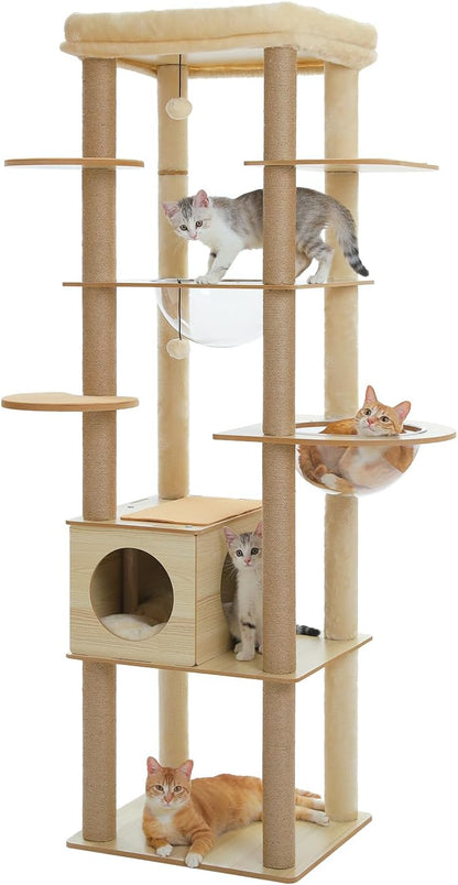 PEQULTI 71'' Cat Tree, Tall Wood Cat Tower for Indoor Cats with 2 Acrylic Cat Hammock, Multi-Level Activity Trees with Scratching Posts, Condo House and Large Top Perch for Large Cats, Beige