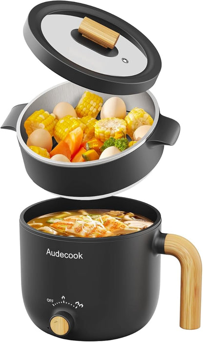 Audecook Hot Pot Electric with Steamer, 1.5L Portable Nonstick Rapid Noodles