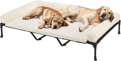 Veehoo Orthopedic Elevated Dog Bed Add Removable Deluxe Rose Plush Bolster Cushion Mat, 59" x 37" Washable Dog Couch Bed, Raised Pet Cot with Breathable Teslin Mesh, No-Slip Feet, White, CWC2439B