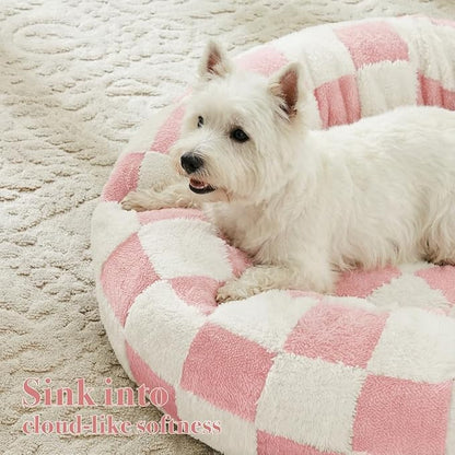Ohocut Checkered Dog Bed, Cute Girly Pink Retro Style Aesthetic Round Warming Pet Calming Beds for Small Dog and Cats, Plush Cozy Donut Dog Beds Washable, 30" L x 30" W x 8" Th