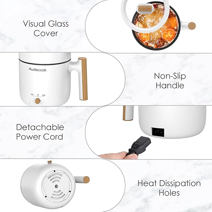 Audecook Hot Pot Electric with Steamer, 1.8L Portable Mini Travel Cooker