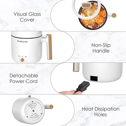 Audecook Hot Pot Electric with Steamer, 1.8L Portable Mini Travel Cooker