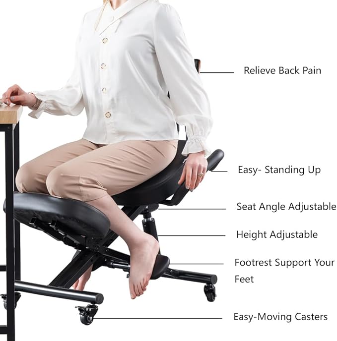 Kneeling Chair with Back Support Ergonomic for Office,Adjustable Stool with Angled Seat for Better Posture,Thick Comfortable Cushions,Black