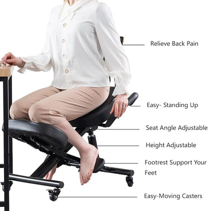 Kneeling Chair with Back Support Ergonomic for Office,Adjustable Stool with Angled Seat for Better Posture,Thick Comfortable Cushions,Black