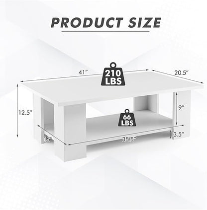 Tangkula 2-Tier Coffee Table, Modern Rectangular Center Cocktail Table with 5 Support Legs, Wooden Accent Living Room Furniture, Small Coffee Table for Small Spaces, Easy Assembly (White)