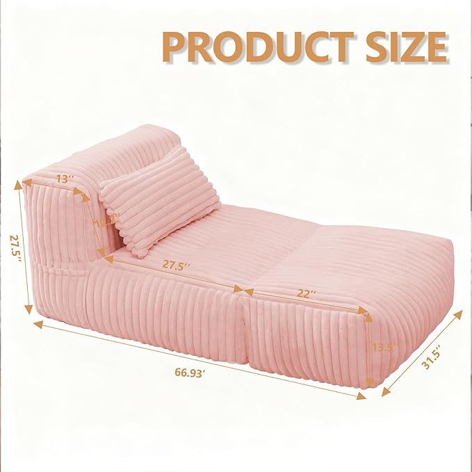 Giant Bean Bag Lounger Sofa with Pillow, Large Beanbag Chair for Adults, Oversized Comfy Beanbag Lazy Floor Sofa, Bean Bag Couch with Memory Foam Filled for Living Room, Bedroom, Pink