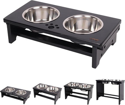 HTB Elevated Dog Bowl Stand with 2 Stainless Steel Bowls-4" H Small Black | Raised Dog Bowl Stand, 4"tall, 21 Oz Bowls, for Small Sized Dogs, Pet-safe, Solid Bamboo