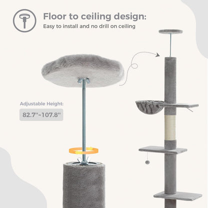 PEQULTI Floor to Ceiling Cat Tree, Tall Cat Tower, Adjustable Height (83''-108'') 5 Levels Climbing Tree for Indoor Cats with Cat Condo, Cozy Hammock and Scratching Post, Grey