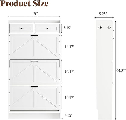 Shoe Cabinet with 3 Flip Drawers & 2 Storage Drawers, Rustic Farmhouse Narrow