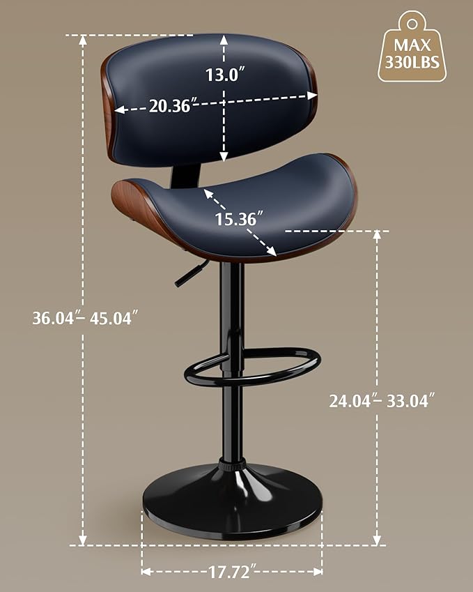 Aowos Bar Stools Set of 2, Adjustable Swivel Leather Bar Stools for Kitchen Island, Mid Century Modern Counter Height Bar Chairs Barstools with Back & Footrest (Blue)