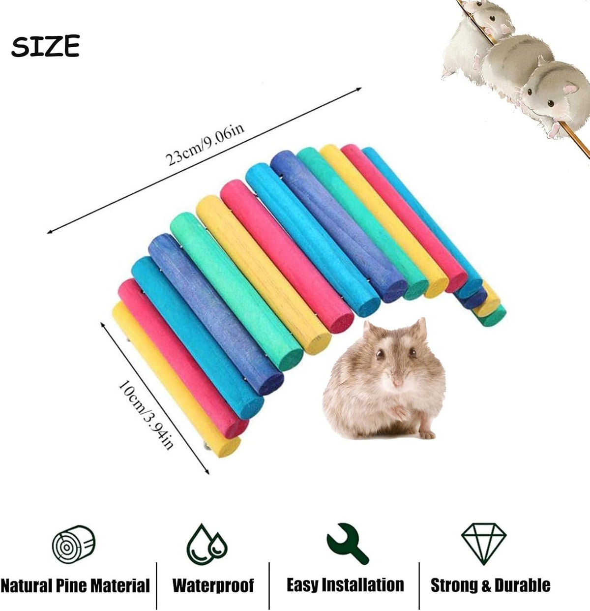 PIVBY 2PCS Wooden Hamster Bridge, Flexible Natural Wooden Ladder Bridge Tunnel Hideout, Hamster cage Accessories for Small Animals Guinea Pig, Rat, Chinchilla, Gerbil, Mice, Mouse (Colorful)