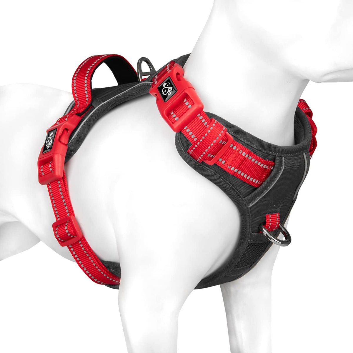 PHOEPET No Pull Dog Harness, Unique Colors Reflective Adjustable Dog Vest, with Soft Training Handle Metal Clips for Small Medium Large Dogs (Black Base & Red Straps,L)