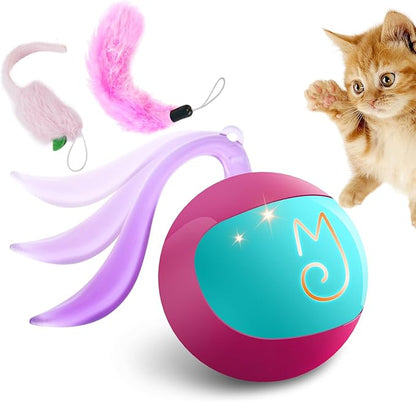 Migipaws Interactive Cat Ball Toy Set, Fun Tracker, Automatic Rolling Chase Ball with Fluffy Tail, A Small Mice, Rechargeable (Rose)