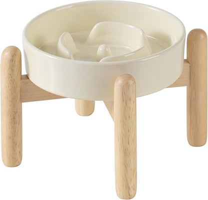 Ceramic 0.9 Cup Raised Dog Slow Feeder Set, Elevated Bowl