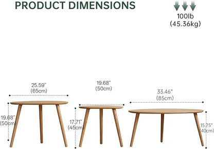 Vadisun Small Oval Nesting Table, Mid Century Coffee Table for Living Room,Solid Oak Wood End Tables,Triangle Tabletop with 3 Legs,Minimalist Display Living Tables (Original Wood Color, 3 Pieces)