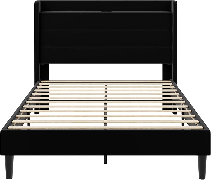 SHA CERLIN Queen Bed Frame with Charging Station, Velvet Upholstered Platform Bed, Wingback Storage Headboard, Type-C & USB Ports, Strong Wooden Slats, No Box Spring Needed, Easy Assembly, Black