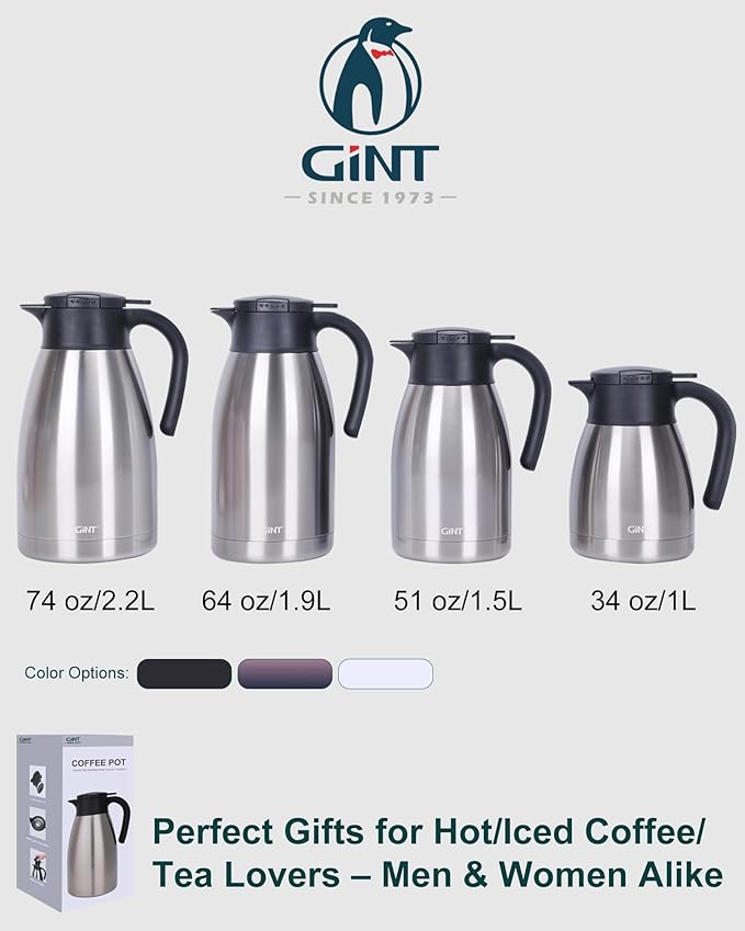 GiNT 34Oz Thermal Coffee Carafe, Insulated Stainless Steel Coffee Carafes