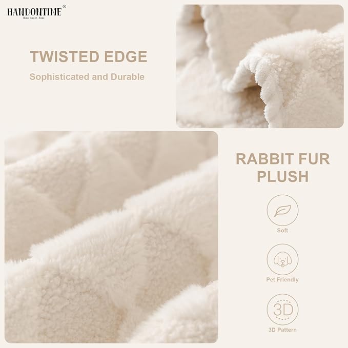 HANDONTIME Non-Slip Pet Couch Cover Washable, Plush Faux Fur Couch Protector for Cushion Pet-Friendly Sofa Covers for Dogs, Checkered Diamond Sectional Covers Dog Mat for Sofa (Ivory, 35.6" x 82.7")