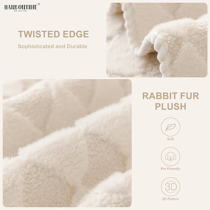 HANDONTIME Non-Slip Pet Couch Cover Washable, Plush Faux Fur Couch Protector for Cushion Pet-Friendly Sofa Covers for Dogs, Checkered Diamond Sectional Covers Dog Mat for Sofa (Ivory, 35.6" x 82.7")