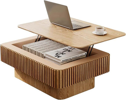 FGXJY Lift Coffee Table with Storage & Adjustable Height, Solid Wood Coffee Table Fluted Center Table Accent Tea Table or Living Room, Apartment, Office (38.6" Natural)