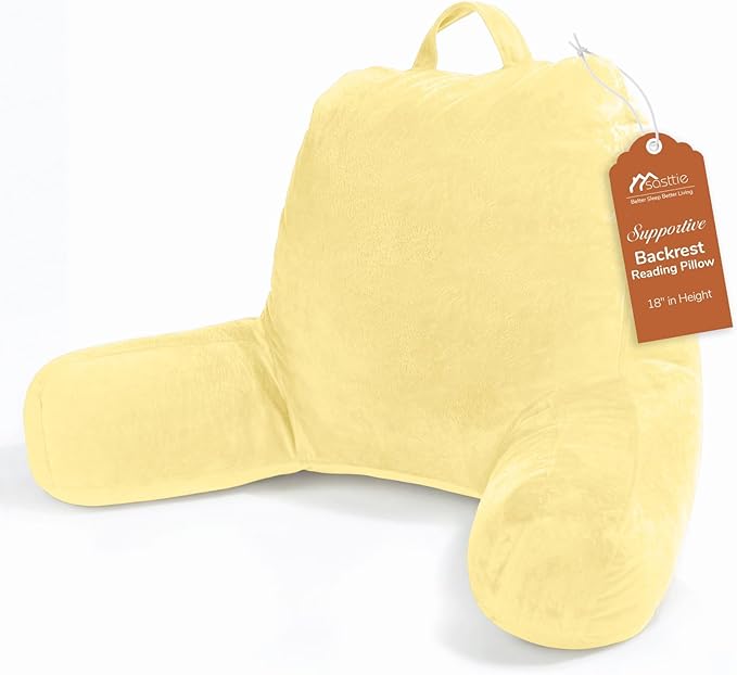 Sasttie Reading Pillow, Velvet Back Pillow for Bed Sitting Up, Adult Back-Rest Support Cushion with Arms for Sit Up on Couch, Sofa, and Floor, Dorm Essentials, Reading Accessories, Light Yellow