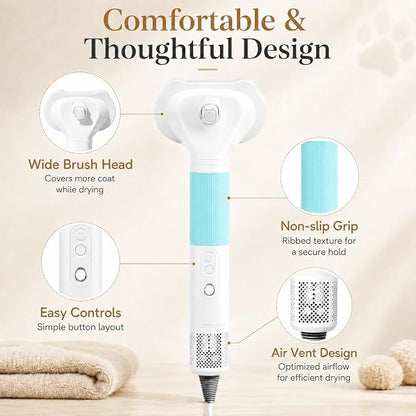 Pet Hair Dryer with Grooming Brush, Dog Blow Dryer, 3-in-1 Cat Blower, Blue | 110,000 RPM Pet Blower with One-Click Hair Removal, 3 Heat & 2 Speed Settings for Professional Home Grooming
