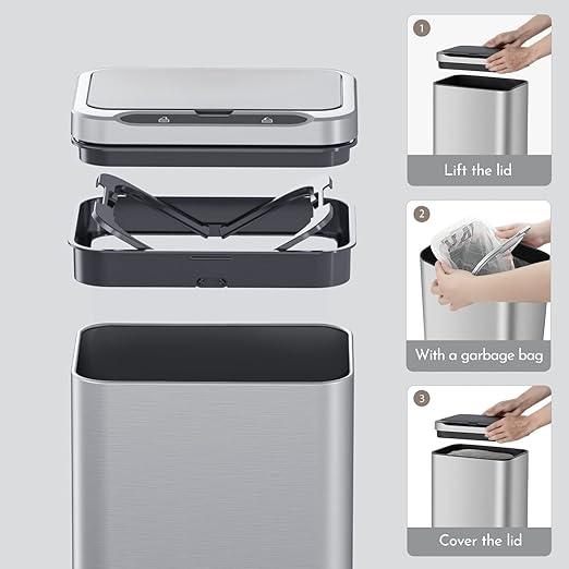 ELPHECO Stainless Steel Office Trash Can Motion Sensor Garbage Can Touchless