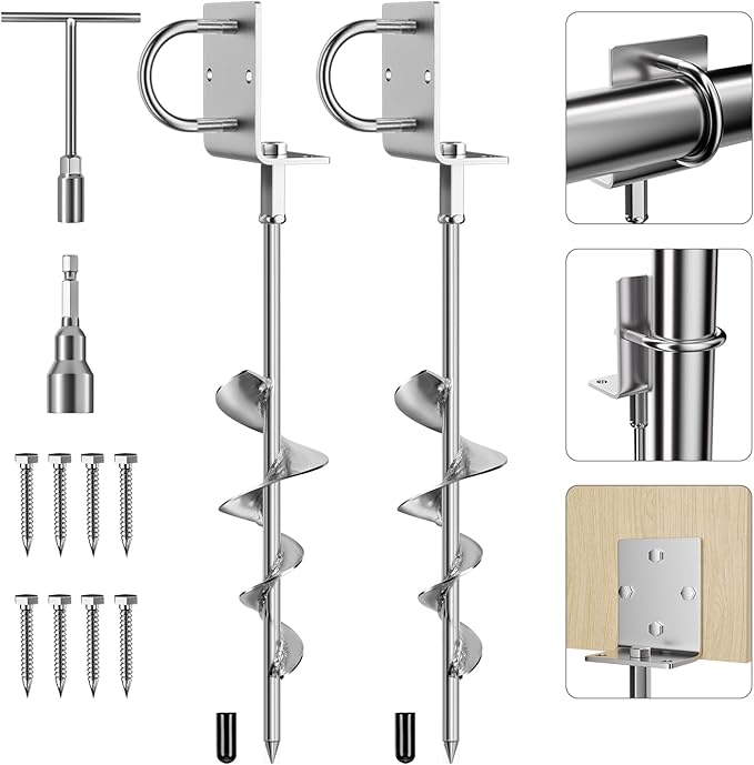 Phopich Multi-Purpose Ground Anchors Screw in, 16in Fully Welded Heavy Duty Trampoline Stakes with Brackets, T-Wrench and Adapter for Drill, Earth Anchor kit for Mobile Home, Trampoline, Shed 2Pack