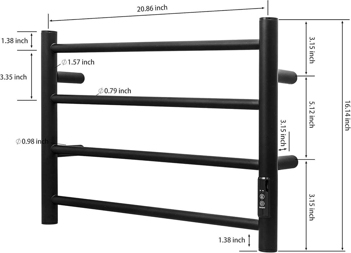 KEG Towel Warmer Wall Mounted with Built-in Timer 4 Bars Electric Stainless Steel Heated Towel Racks for Bathroom, Hot Plug-in Bath Towel Heater Matte Black
