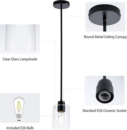 MAYNA 3-Pack Black Kitchen Island Lighting Over Table, Linear Industrial Chandelier with Glass Shades, Adjustable Rods Ceiling Lights for Kitchen, Breakfast Nook (Bulbs Included)