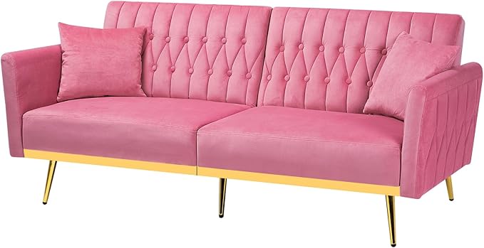 70” Velvet Futon Sofa Bed with 2 Pillows and Adjustable Armrests, Convertible Sleeper Bed, Modern Loveseat for Living Room, Bedroom, Pink