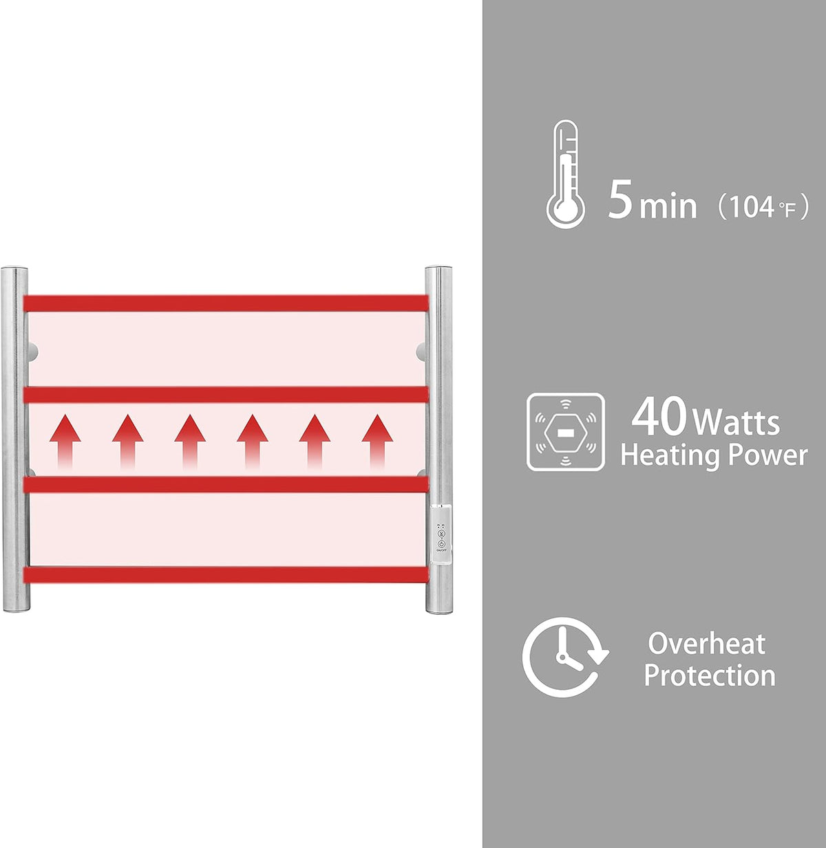 KEG Towel Warmer Wall Mounted with Built-in Timer 4 Bars Electric Stainless Steel Heated Towel Racks for Bathroom, Hot Plug-in Bath Towel Heater Brushed Nickel