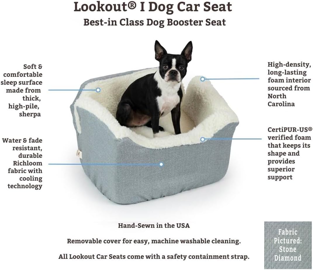 Snoozer Dog Car Seat: Lookout I Booster Seat for Small Dogs (5-15 lbs), Denim Diamond Fabric, Machine Washable Cover