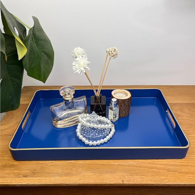 Navy Blue Serving Tray with Handles, Rectangular Decorative Tray for Coffee Table, Plastic Rectangular Tray for Ottoman, Living Room, Bathroom, Home Decor 15.7” x 10.2” x1.37”