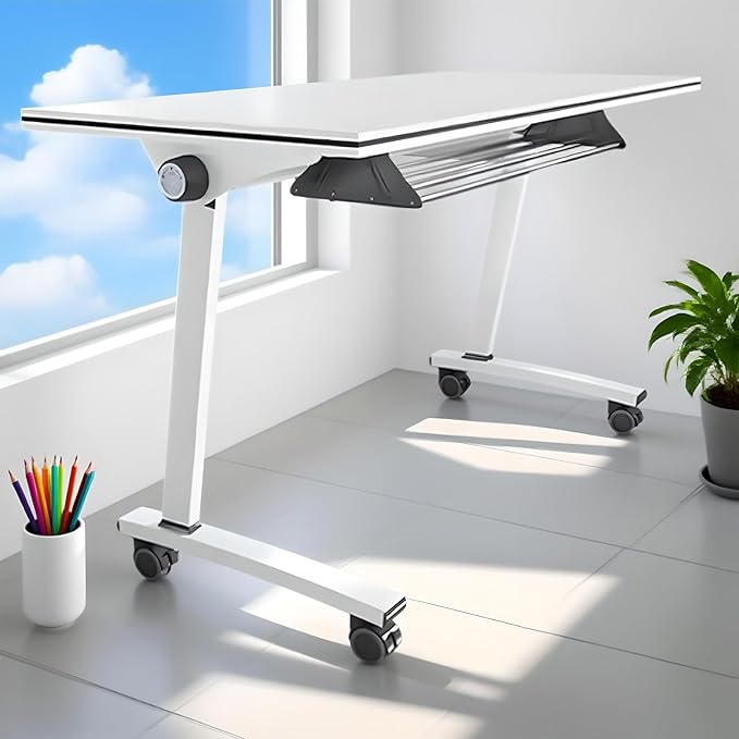 Folding Conference Room Tables, Flip Top Mobile Training Table with Wheels, Mobile Dynamic Meetings Training Tables, Portable Office Executive Desk, Rolling Seminar Meeting Table (3, White, 47.2in)