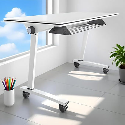 Folding Conference Room Tables, Flip Top Mobile Training Table with Wheels, Mobile Dynamic Meetings Training Tables, Portable Office Executive Desk, Rolling Seminar Meeting Table (3, White, 47.2in)