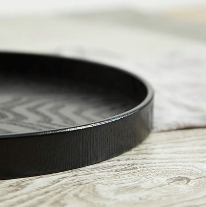 River Round Wood Serving Tray, Solid Wooden Decorative Tray Non-Slip Tea Coffee Table Tray Snack Plate Food Meals Serving Tray with Raised Edges for Home Decor Kitchen Restaurant(11.8inch/30cm, Black)