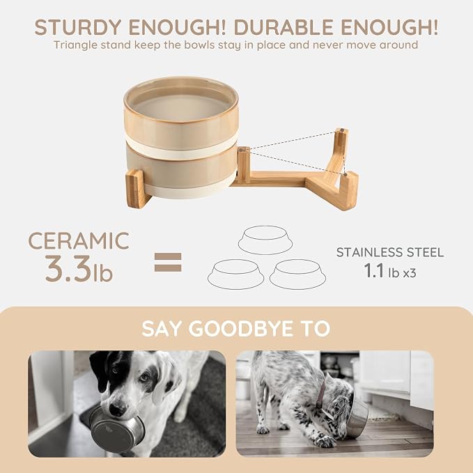 SPUNKYJUNKY Ceramic Dog and Cat Bowl Set with Wooden Stand, Modern Cute Weighted Food Water Bowl Set for Small Size Dogs (1.7 Cups, 2 × Pattern Brown)