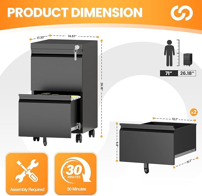 2 Drawer File Cabinet with Lock, Rolling File Cabinets