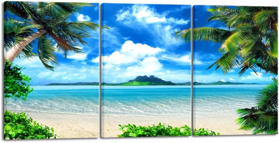 Wieco Art 3 Piece Blue Sea Beach Canvas Prints Modern Stretched Wall Art Seascape Pictures Paintings for Living Room Bedroom Home Decorations Modern Landscape Artwork