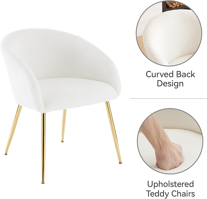 Modern Small Accent Chair Set of 4, Comfy Sherpa Makeup Vanity Chair with Golden Metal Legs, Decorative Dining Chair no Wheels for Living Room, Dressing Room, Bedroom, White
