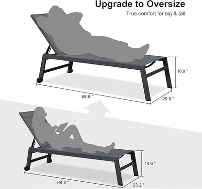 PURPLE LEAF Outdoor Chaise Lounge Set for 2 Oversized Pool Lounge Chairs with Easy-to-Move Wheels and Adjustable Backrest Extra Large Patio Loungers for Poolside Beach Table Included, Charcoal Grey