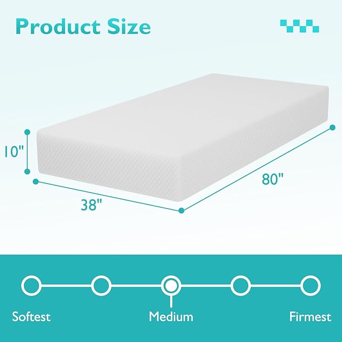 FDW | 10 Inch Twin XL Mattress | Medium Firm | Gel Memory Foam Mattress | White | Bed in a Box, CertiPUR-US Certified | Pressure Relief, Cooling Ventilated Foam | Washable Removable Cover
