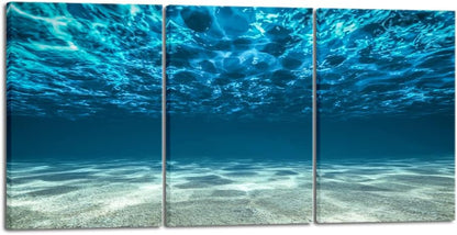 Wieco Art 3 Piece Blue Ocean Bottom Canvas Wall Art for Living Room Beach for Bedroom Wall Decor Seaview Pictures Painting On Canvas Modern Canvas Prints Artwork for Home Decorations