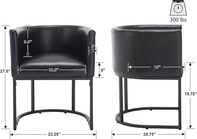 VESCASA Faux Leather Upholstered Dining Chairs with Barrel Back, Modern Padded Restaurant Chairs with Black Metal Frame for Kitchen, Dining Room, Set of 2, Black