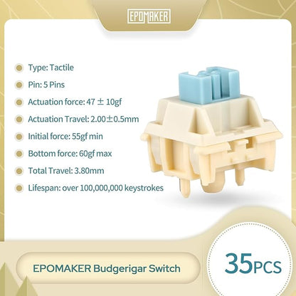 EPOMAKER Gaming Keyboard Switches, 35 PCS, Linear/Tactile Switch, 5-Pin Pre-Lubed Switch, Creamy Switches, Compatible with MX Keycaps for Mechanical Keyboard (Budgerigar, Tactile)