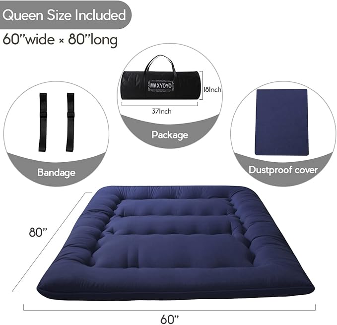 MAXYOYO Japanese Floor Mattress Futon Mattress, Thicken Tatami Mat Sleeping Pad Foldable Roll Up Mattress Boys Girls Dormitory Mattress Pad Kids Floor Lounger Pillow Bed, Navy, Queen
