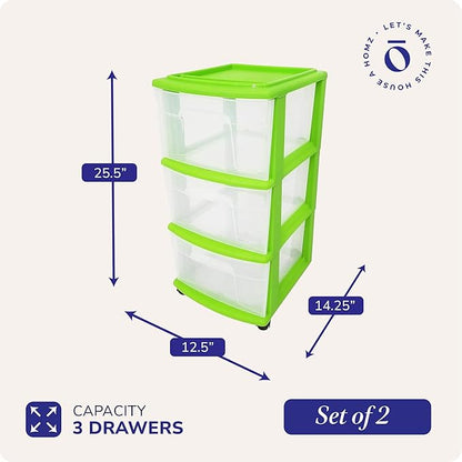HOMZ 2-Pack Drawer Tower, 3-Tier Clear Plastic Storage Organizer Cart, Bold