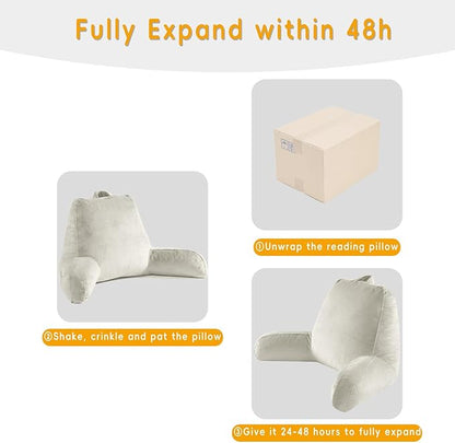OAISZ Reading Pillow for Sitting in Bed Adult, Reading Pillow with Shredded Memory Foam, Bed Pillow with Washable Cover, Back Pillow Sitting Up with Extend Arms, Beige, X-Large