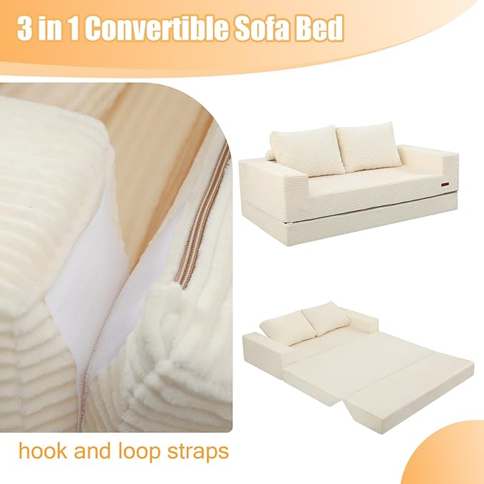 COMAX Convertible Sofa Bed Queen, Corduroy Folding Floor Couch Pull Out Couch Bed Futon Sleeper with Pillows, Fold Out Boneless Sofa Comfy Lounge Mattress Loveseat for Living Room Bedroom, Beige